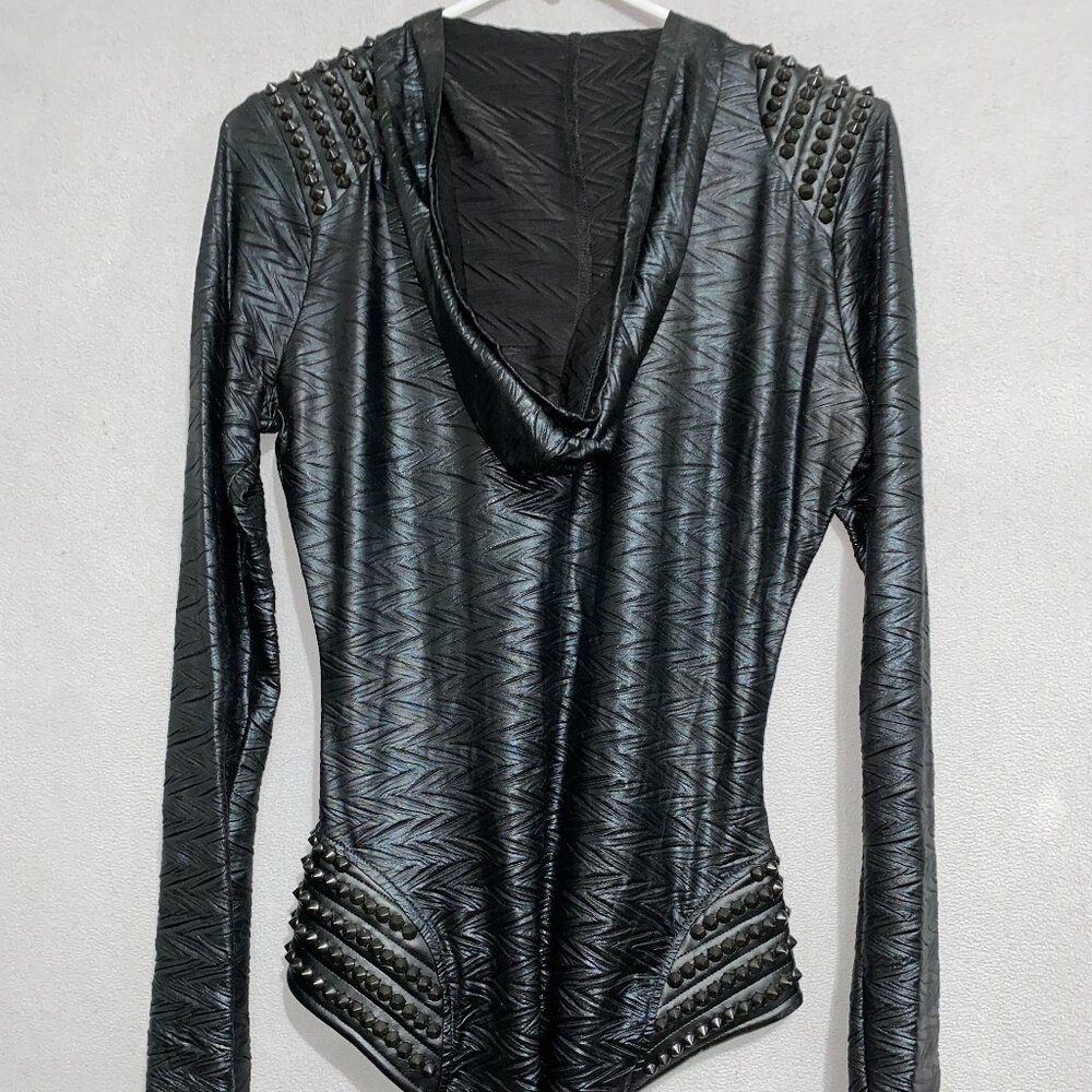 Ivy Layne Studded Black Hooded Bodysuit M/L Made in USA Edgy Zip Front - Picture 7 of 7